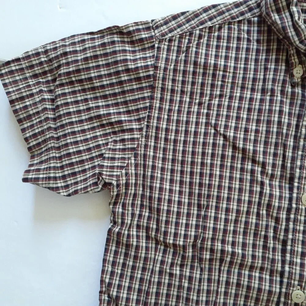 Gap Boys Shirt Button Down Red Tan Green Plaid Short Sleeve XS